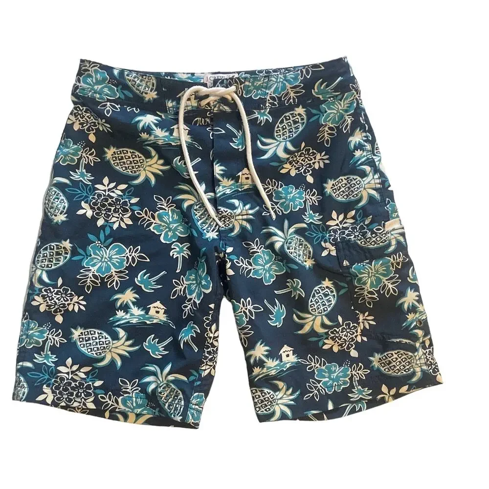 J. Crew Flex Swim Trunks Mens Sz 28 Blue Pineapple Tropical Floral Board Shorts